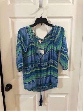 Olsenboye Sheer Blue and Green Printed Peasant Blouse